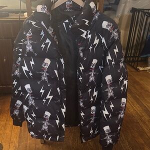 Black Puffer Jacket with Cartoon Print